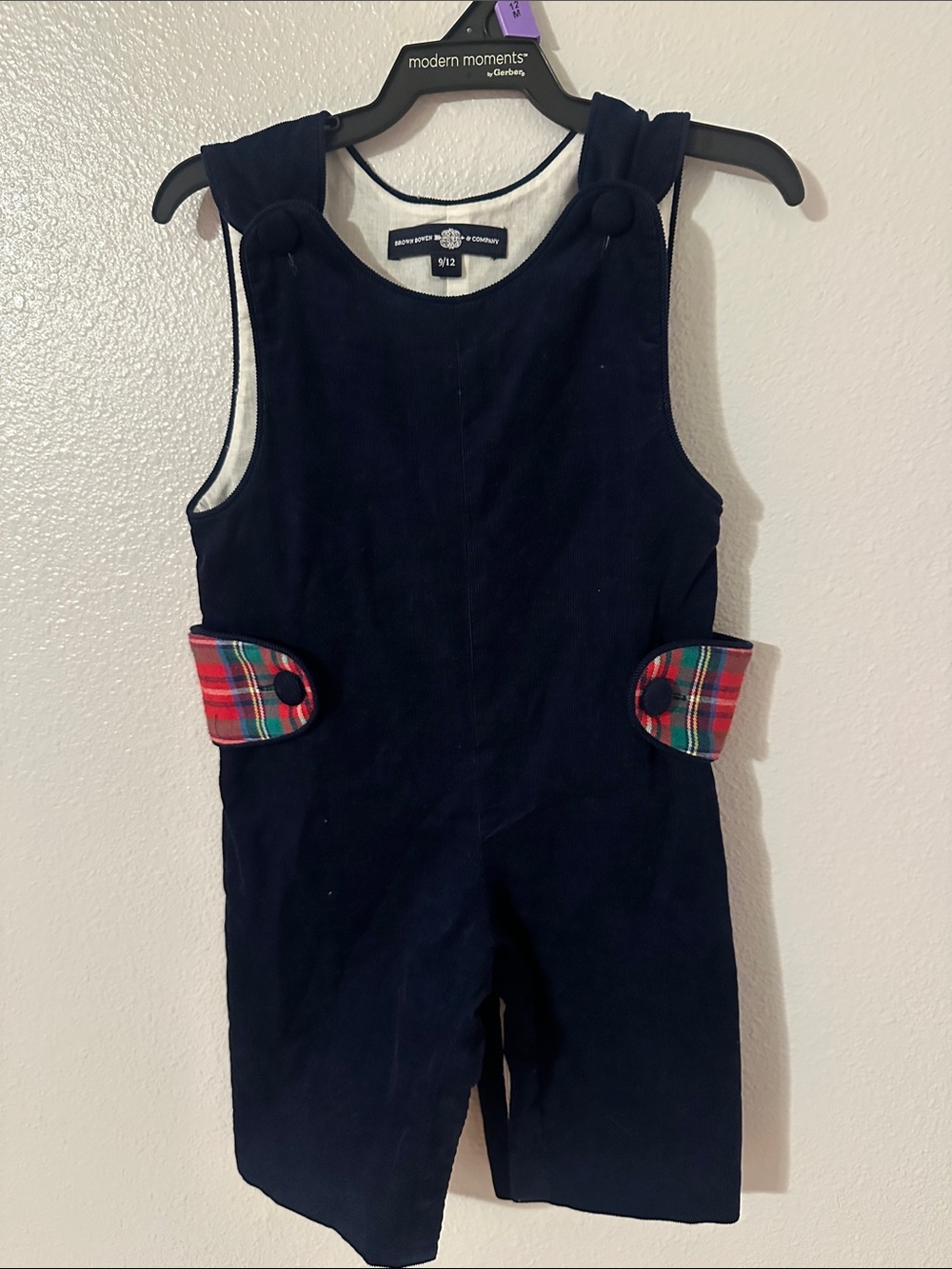 Navy Corduroy Kids Overalls with Red Plaid Tabs